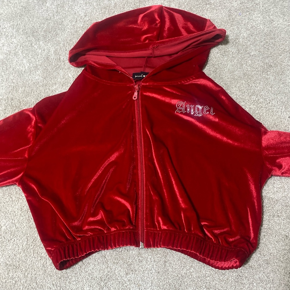 cropped velvet zip up jacket with the word angel on the front and back in silver